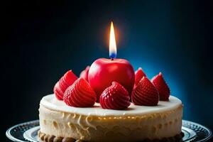 un' torta con rosso fragole su superiore e un' candela. ai-generato foto