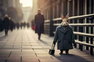 un' coniglio nel un' completo da uomo e cravatta a piedi giù un' strada. ai-generato foto