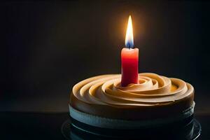 un' singolo candela è illuminato su un' compleanno torta. ai-generato foto