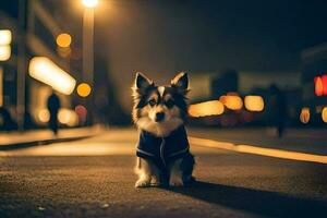 un' cane nel un' blu giacca in piedi su il strada a notte. ai-generato foto