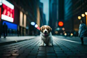 un' cane in piedi su un' strada nel il città. ai-generato foto