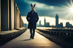 un' coniglio indossare un' completo da uomo e cravatta a piedi su un' treno traccia. ai-generato foto