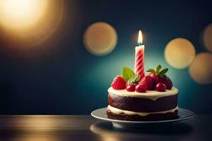 un' compleanno torta con un' singolo candela su superiore. ai-generato foto