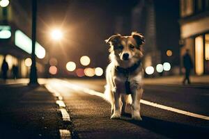 un' cane in piedi su il strada a notte. ai-generato foto