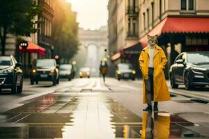 un' gatto nel un' giallo cappotto in piedi su un' città strada. ai-generato foto