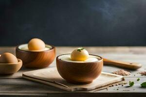 Due ciotole con uova e erbe aromatiche su un' di legno tavolo. ai-generato foto