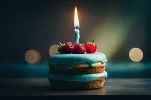 un' blu compleanno torta con un' singolo candela. ai-generato foto