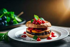 un' Hamburger con frutti di bosco e frutti di bosco su un' piatto. ai-generato foto