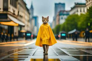 un' gatto nel un' giallo impermeabile a piedi giù un' strada. ai-generato foto