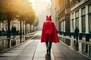 un' persona indossare un' rosso capo passeggiate giù un' strada. ai-generato foto