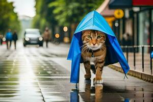 un' gatto a piedi nel il pioggia con un' blu ombrello. ai-generato foto