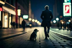 un' uomo e il suo cane a piedi giù un' strada a notte. ai-generato foto