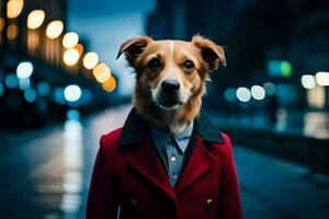 un' cane indossare un' rosso cappotto in piedi su un' strada a notte. ai-generato foto