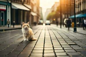 un' gatto seduta su il strada nel un' città. ai-generato foto