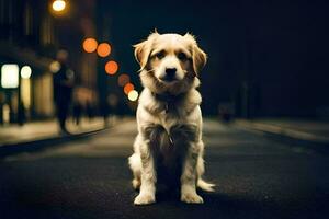 un' cane seduta su il strada a notte. ai-generato foto