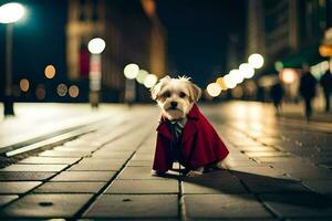 un' piccolo cane nel un' rosso cappotto seduta su il marciapiede. ai-generato foto