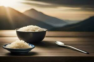il riso è nel un' ciotola e il cucchiaio è nel un' ciotola. ai-generato foto
