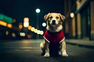 un' cane indossare un' rosso maglione su il strada a notte. ai-generato foto