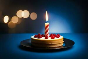 un' compleanno torta con un' singolo candela su superiore. ai-generato foto