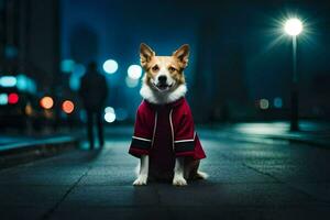 un' cane indossare un' rosso cappotto si siede su il strada a notte. ai-generato foto