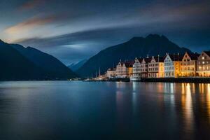 il cittadina di bergen, Norvegia a notte. ai-generato foto