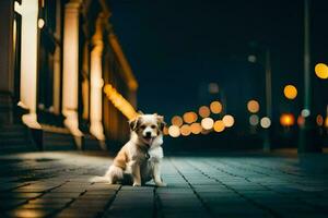 un' cane seduta su il marciapiede a notte. ai-generato foto