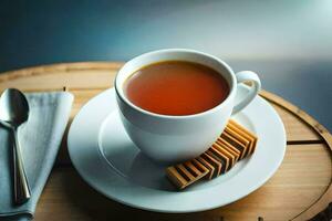 un' tazza di tè con biscotti su un' di legno tavolo. ai-generato foto