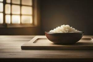 un' ciotola di riso su un' di legno vassoio. ai-generato foto