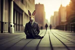 un' coniglio nel un' completo da uomo seduta su il terra. ai-generato foto
