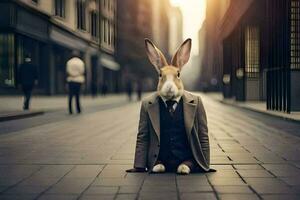 un' coniglio vestito nel un' completo da uomo e cravatta seduta su il strada. ai-generato foto