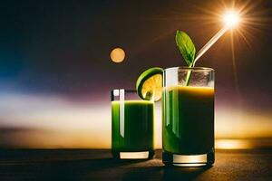 Due bicchieri di verde succo con un' cannuccia. ai-generato foto