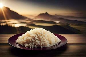 un' piatto di riso su un' di legno tavolo. ai-generato foto