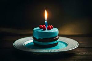 blu compleanno torta con un' singolo candela su un' piatto. ai-generato foto