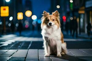 un' cane seduta su il marciapiede a notte. ai-generato foto