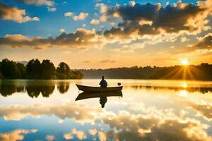 un' uomo nel un' barca su un' lago a tramonto. ai-generato foto