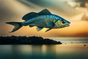 un' pesce è volante al di sopra di il oceano a tramonto. ai-generato foto