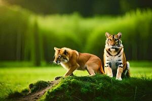 Due tigri in piedi su un' erboso collina. ai-generato foto