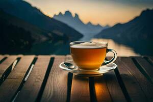 un' tazza di tè su un' di legno tavolo nel davanti di un' lago. ai-generato foto