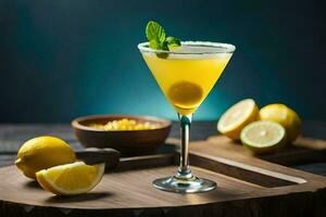 un' cocktail con Limone e menta su un' di legno tavola. ai-generato foto