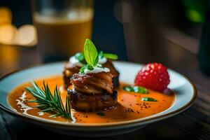 un' piatto con carne e salsa su esso. ai-generato foto