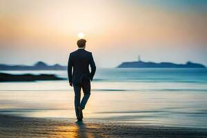 un' uomo nel un' completo da uomo passeggiate lungo il spiaggia a tramonto. ai-generato foto