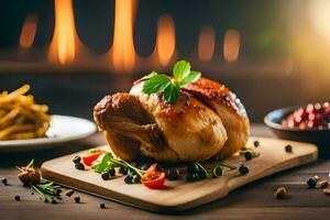 un' arrostito pollo su un' taglio tavola con verdure e francese patatine fritte. ai-generato foto