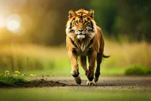 un' tigre in esecuzione su un' sentiero nel il mezzo di un' campo. ai-generato foto