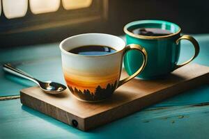 caffè e un' tazza di tè su un' di legno vassoio. ai-generato foto