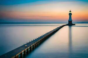 un' lungo esposizione fotografia di un' faro a tramonto. ai-generato foto