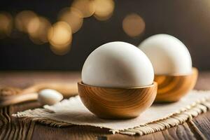 Due uova nel di legno ciotole su un' tavolo. ai-generato foto
