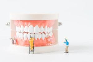 lavoratore in miniatura che pulisce i denti con la bocca e il modello del dente foto