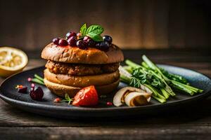 un' Hamburger con verdure e un' Limone. ai-generato foto