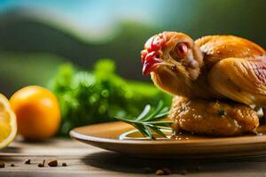 un' pollo è seduta su superiore di un' piatto con Limone fette. ai-generato foto