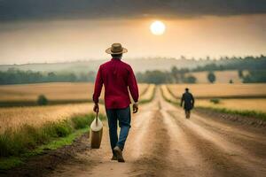 un' uomo a piedi giù un' sporco strada con un' acqua benna. ai-generato foto